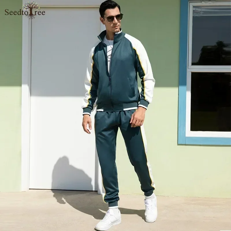 Men's Sports Sets Patchwork Long Sleeve Stand Collar Zipper Jacket Casual Pants Two Piece Set