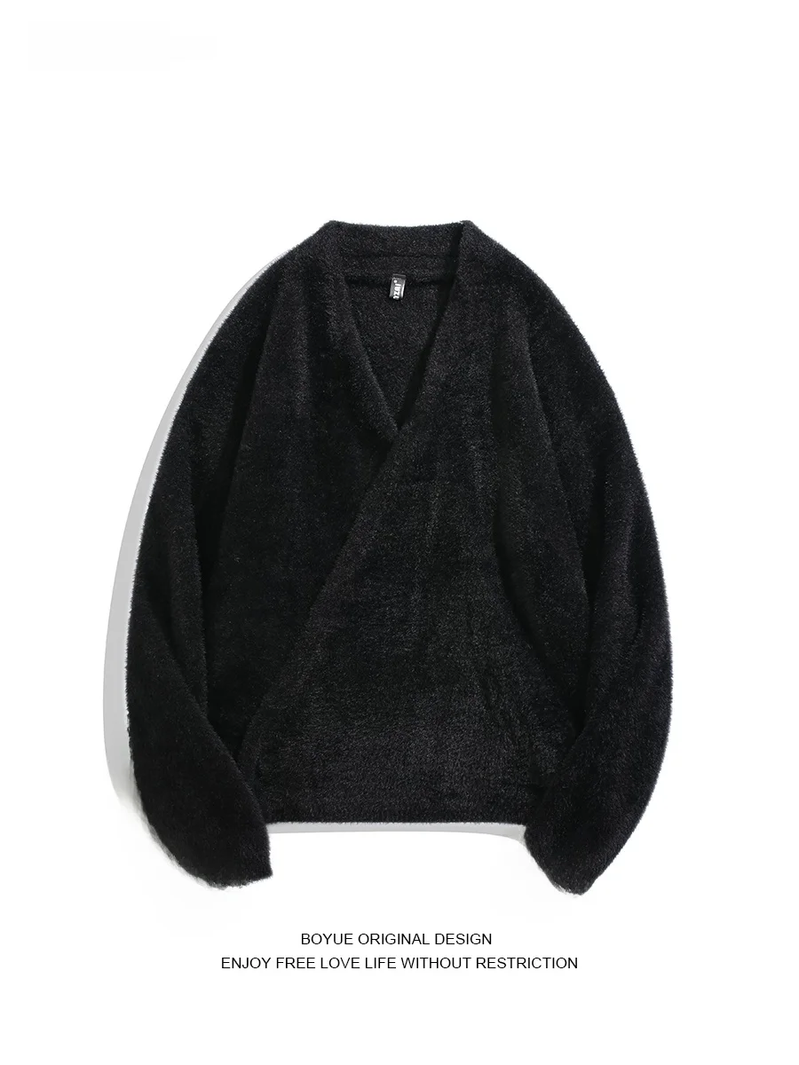

Мужской повседневный вязаный кардиган Boyue с воротником из искусственного меха, мягкий, теплый, с V-образным вырезом, зимний, модный, для отдыха, однотонный