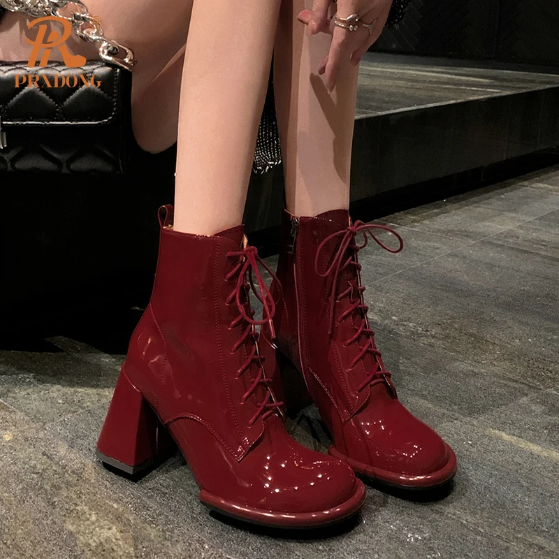 PRXDONG 2023 New Brand Genuine Leather Square High Heels Lace Up Autumn WInter Warm Ankle Boots Lady SHoes Dress Office SIZE 41