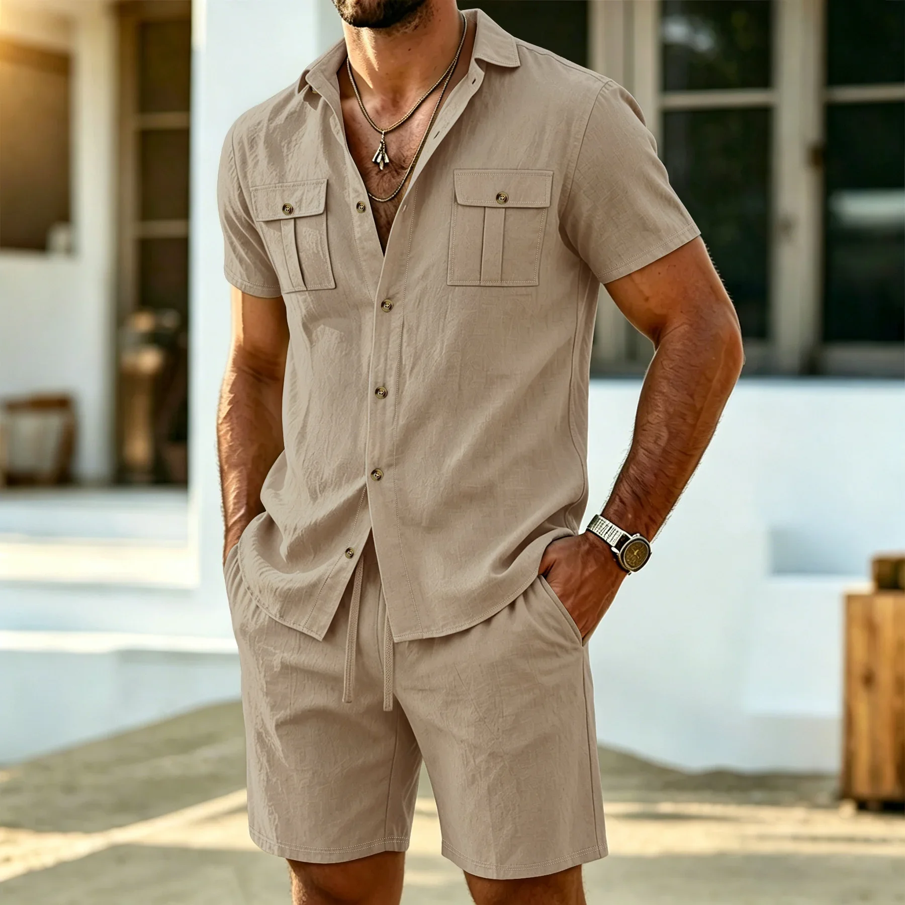 Men's linen two-piece casual outfit, short-sleeved button-down shirt paired with double-pocket drawstring shorts