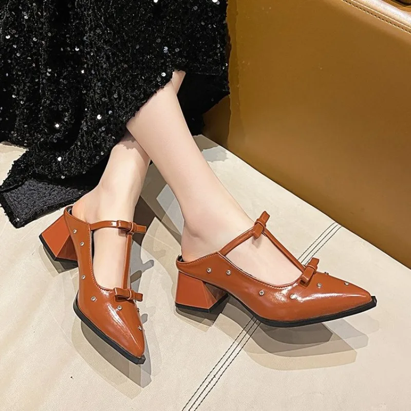 

Rhinestone Double Bow Single Shoes Women's New Fashion Pointed Toe Inside Heightened Half Slippers