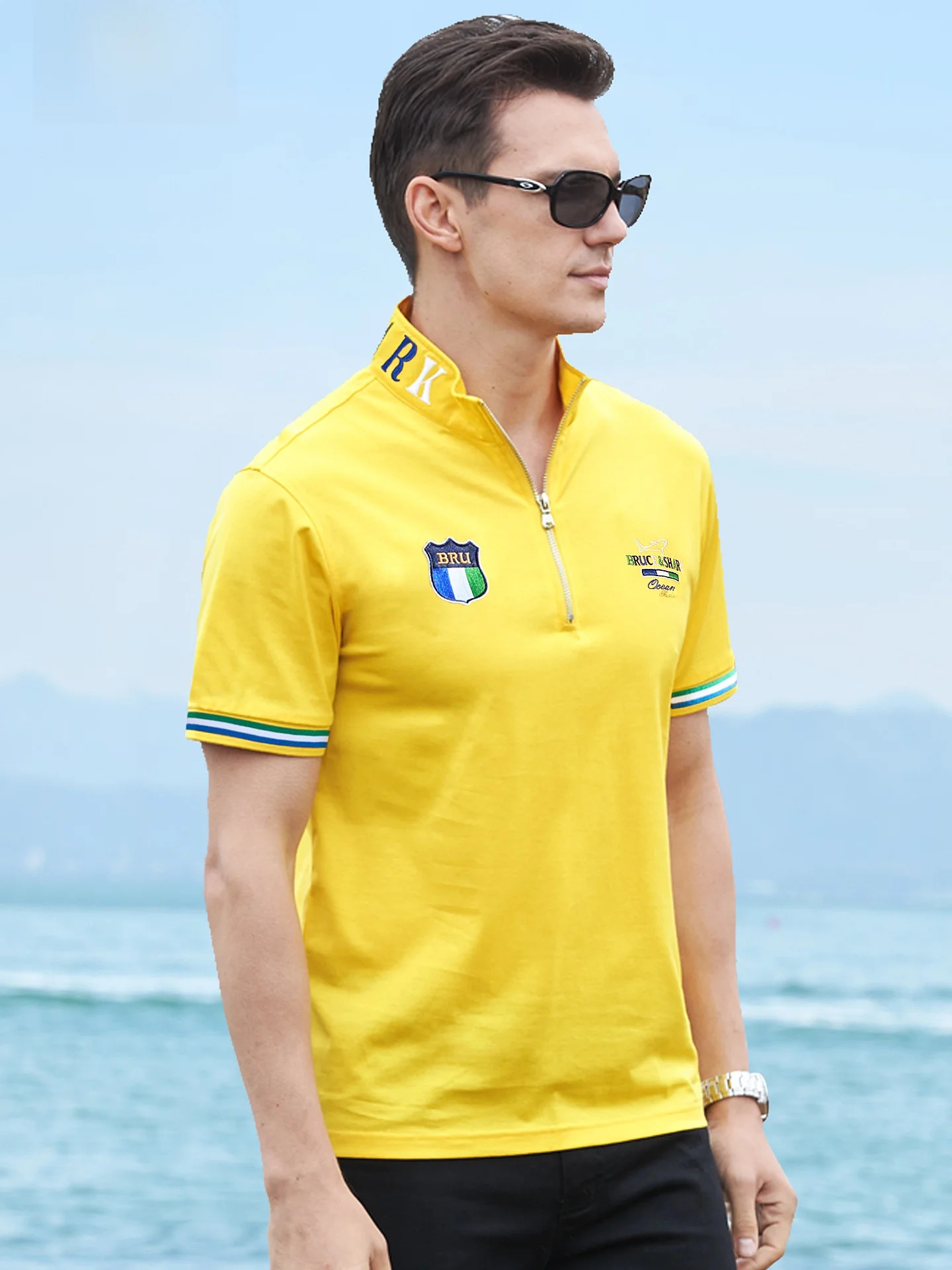 

Summer New Men's Cotton irt Loose Fit ort Sve Silk-Matted Pure Cotton Bruce & ark Faion Brand Casual Wear