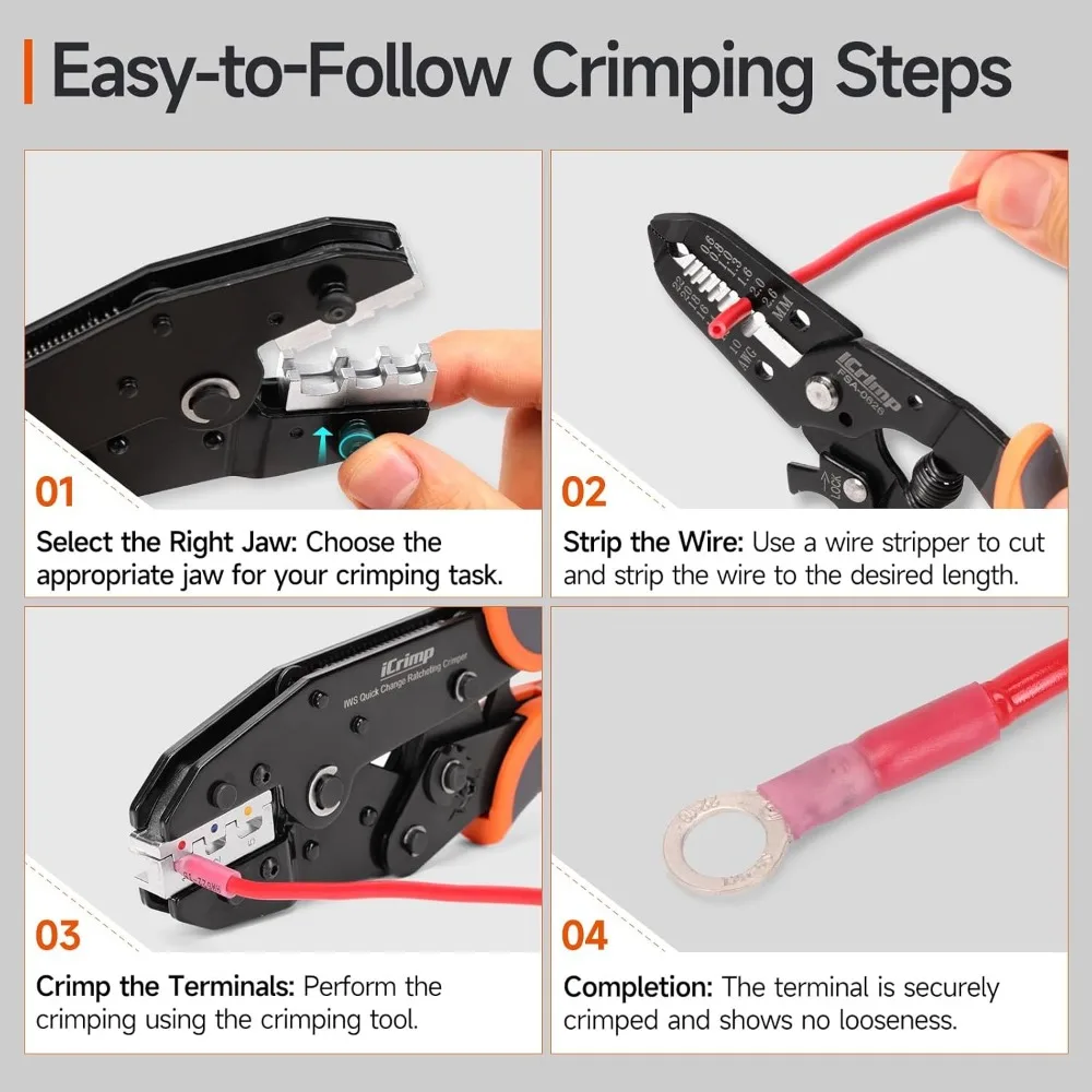 Набор инструментов для обжима с храповым механизмом из 8 предметов с быстрообменными губками для термоусадочных, открытых, изолированных наконечников AWG 20-2