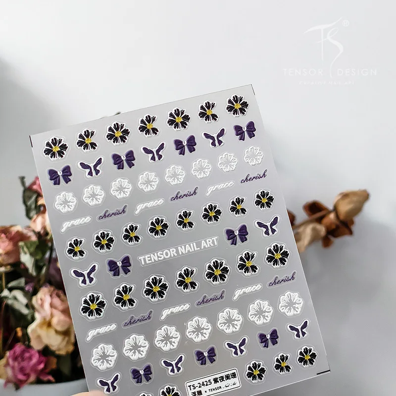 1 Sheet 5D Realistic Relief Black White Flowers Purple Bow Grace Cherish Adhesive Nail Art Stickers Decals Manicure Ornaments