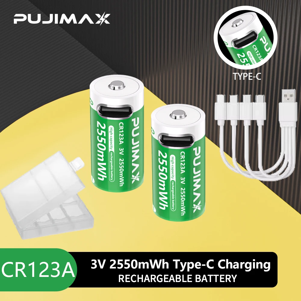 PUJIMAX CR123A Batterien mit USB-C-Schnellladekabel - Hochleistungs-Lithium-Ionen-Akku mit 2550mWh Polymerzellen für Taschenlampen und Kameras