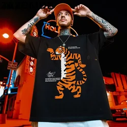 ZAZOMDE Summer Men Tee Korean Fashion Retro Loose Letter Cartoon Tiger Short-sleeved Cotton T Shirt Oversized Tops Unisex Tees