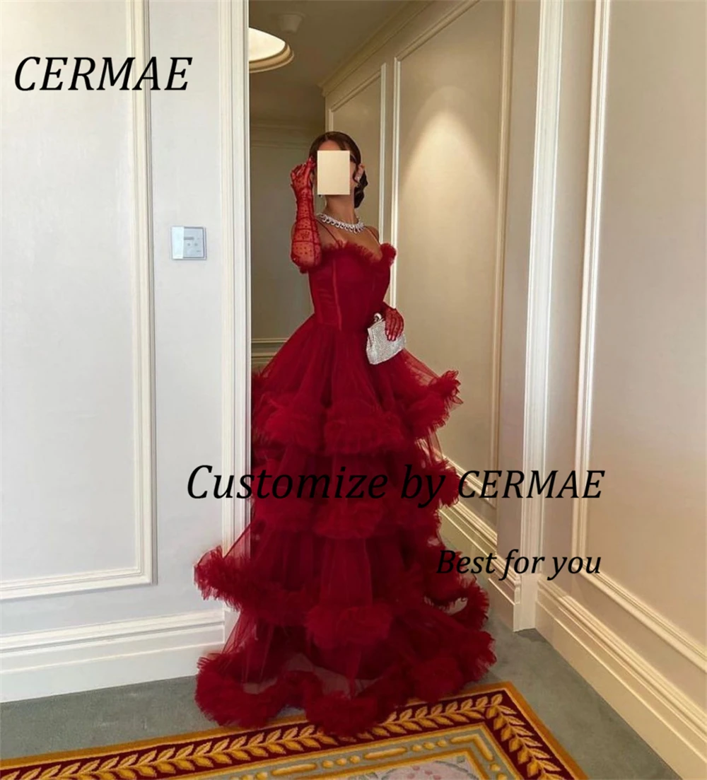 Cermae Red Ruffled Tulle Prom Jurken Lange Een Lijn Uit De Schouder Tiered Floor Lengte Avondjurken Formele Party Dress