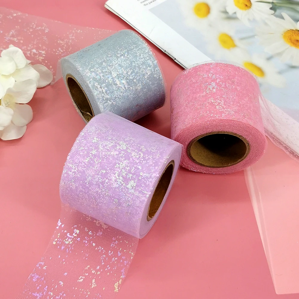 6cm 25yards Spot Tulle Ribbon Roll With Iridescent Stain Patern For DIY Handmade Hair Clips Hairbow Cake Topper Scraphbook Decor