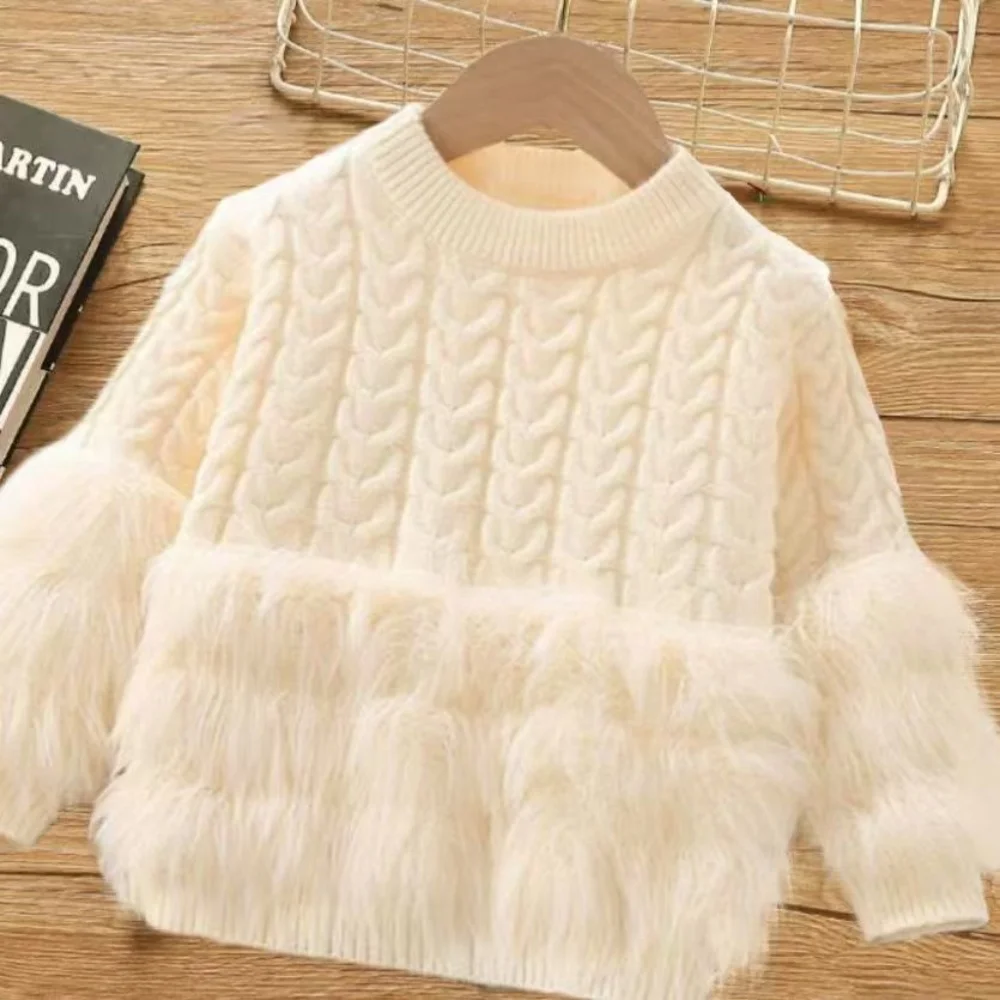 

Girls' Autumn And Winter Suit Western style sweater New Fried Dough Twists Warm Thickened Children's Knitting Top Two-piece Set