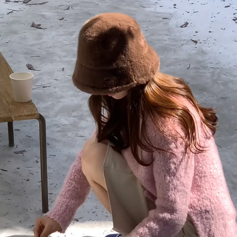 Korean Soft Snowy Day Outdoor Plain Face Covering Bucket Hat Imitation Mink Casual Versatile Warm Faux Fur Basin Hat