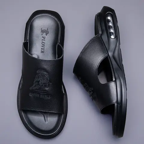2026 Summer Shoes for Men Genuine Leather Slipper Embroider Casual Sandals Comfortable Slides Air Cushion Beach Sandals Slippers