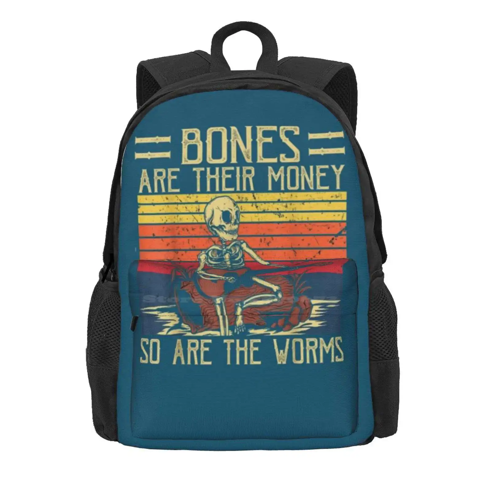 Bones Are Their Money Skeleton Playing Guitar Retro Vintage Hot Sale Schoolbag Backpack Fashion Bags Itysl Funny Sketch Comedy