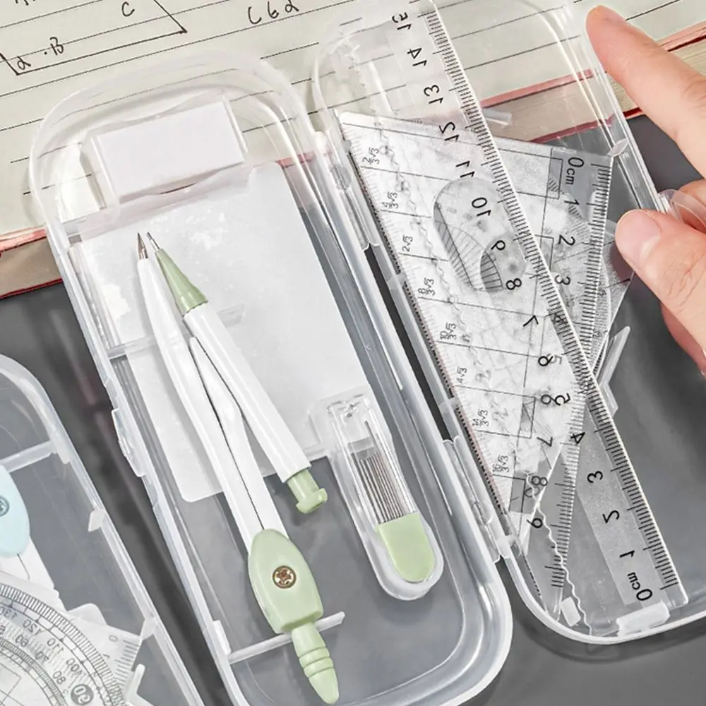 8PCS/Set Plastic Ruler Compasses Set Transparent Eraser Protractor Set Square Straight Ruler Measuring Ruler Students