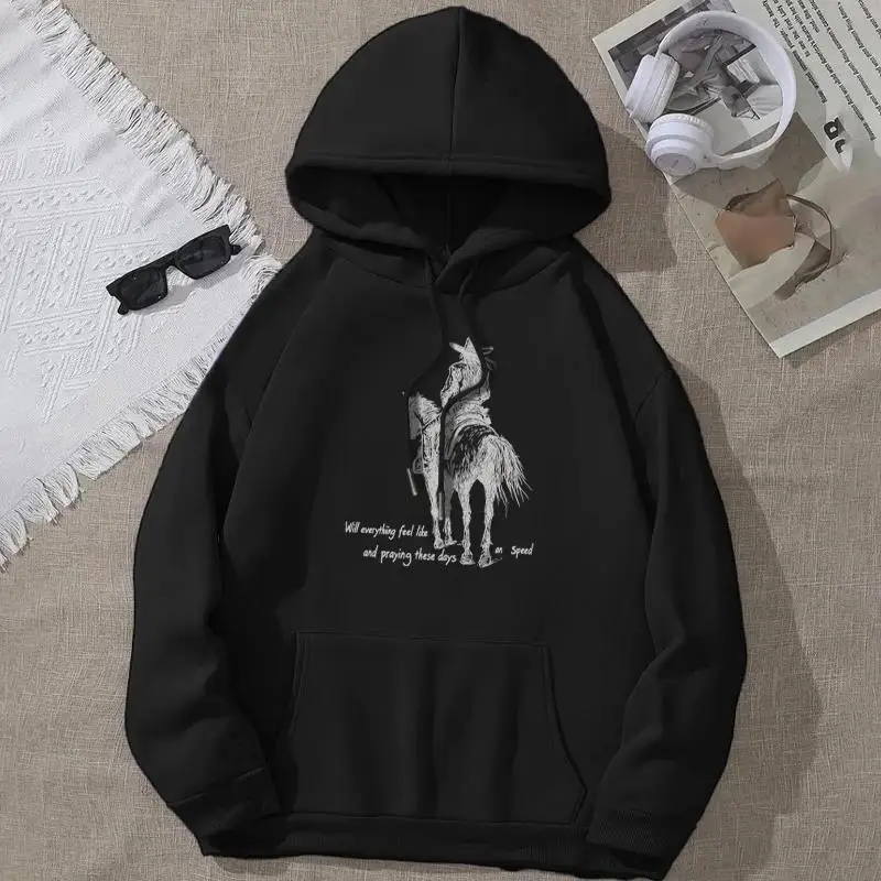 Horse Print Hoodie, Drawstring Fashion Hooded Sweatshirt For Winter & Fall, Women's Clothing