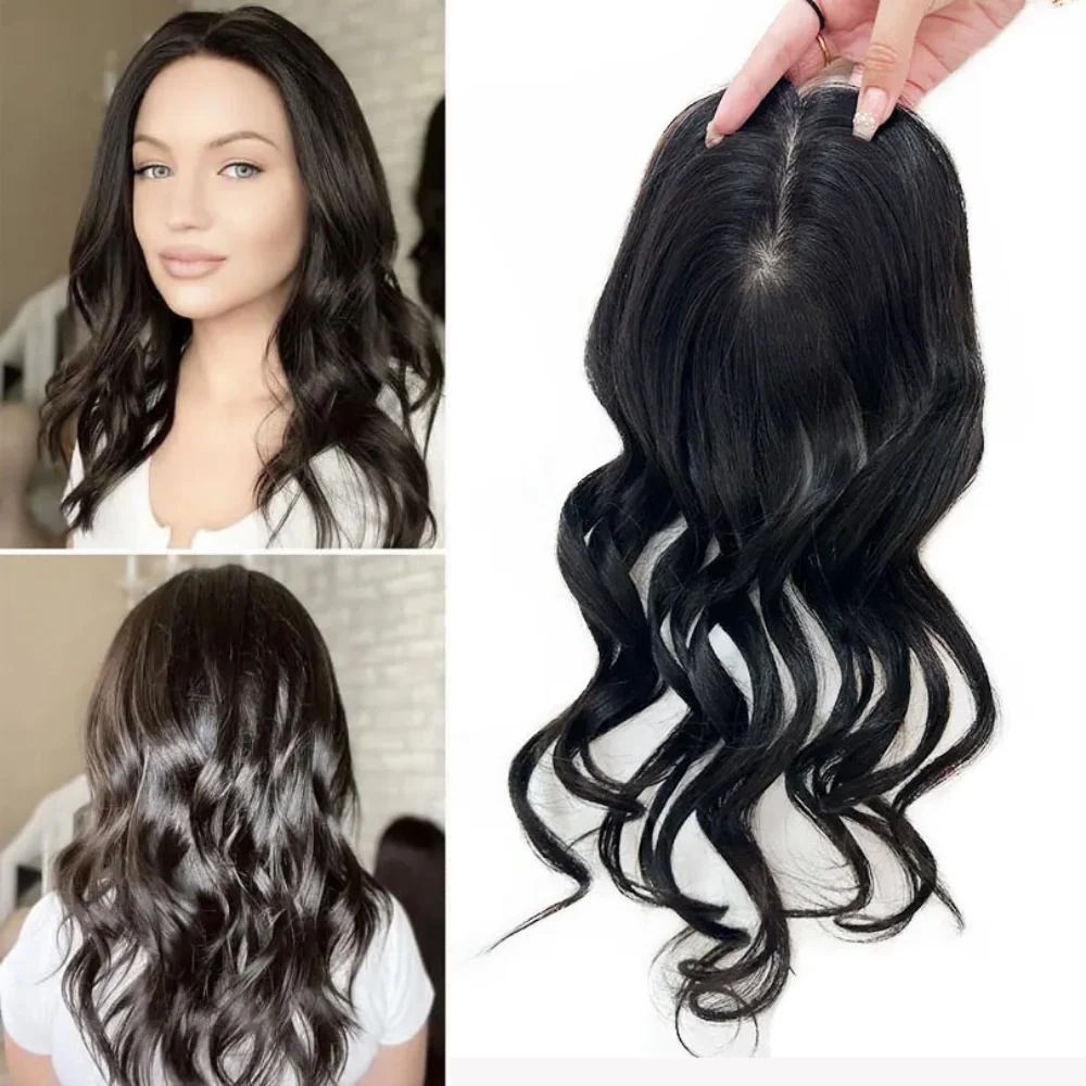 

12x13cm Virgin European Human Hair Topper Silk Base Women Hair Piece with Clips in Loose Wave Silk Top Toupee for Thinning Hair