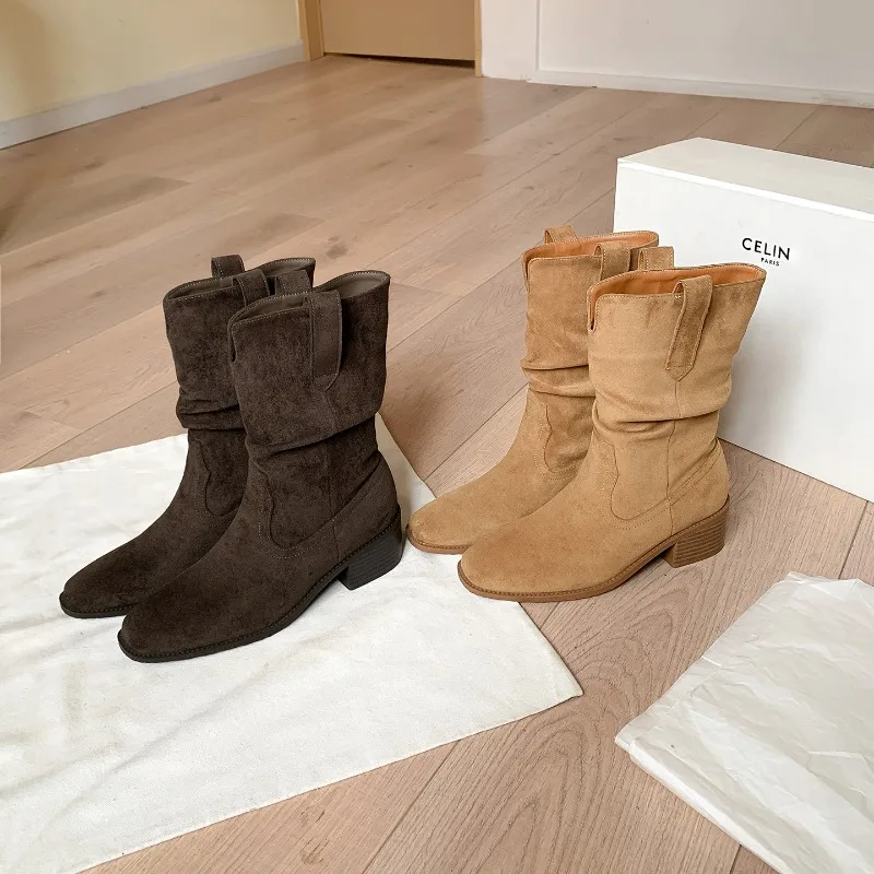 Ladies Vintage Western Cowboy Boots Suede Slouch Mid Calf Block Heel Fashion Winter Stacked Boots for Women Fashion Shoes