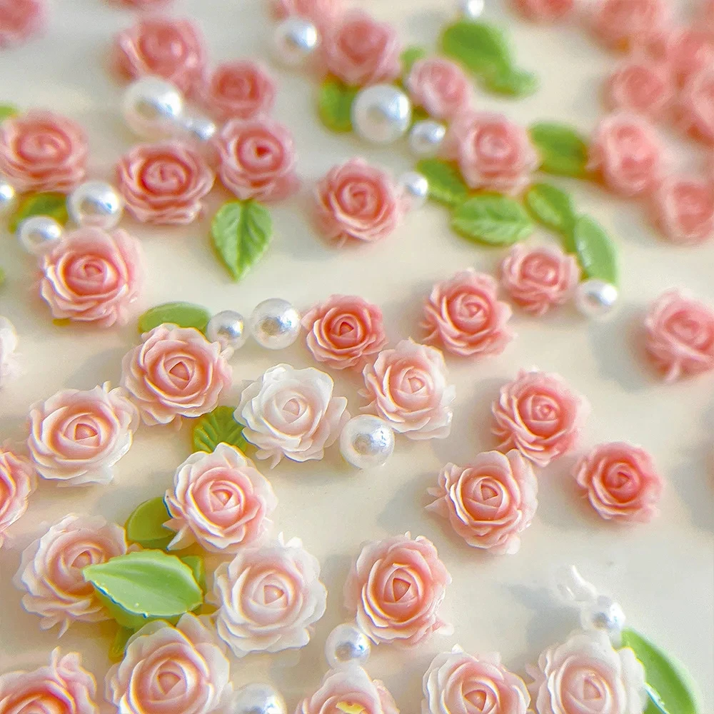 30pcs 3D Mixed Size Pearl Resin Flower Rose Nail Charms Accessories Pink Rose Red Nail Art Luxury Decoratons Supplies Parts DIY