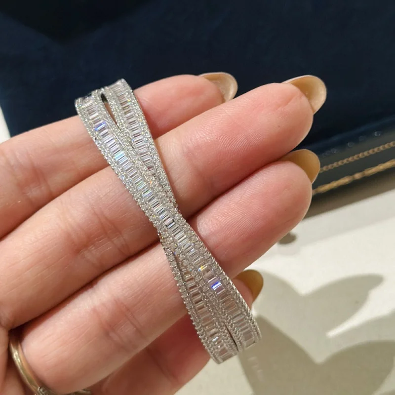 S925Silver Inlay Ladder Close-Fitting Hand-Inlaid Laminated Cross Square Row Diamond Buckle Heavy Industr