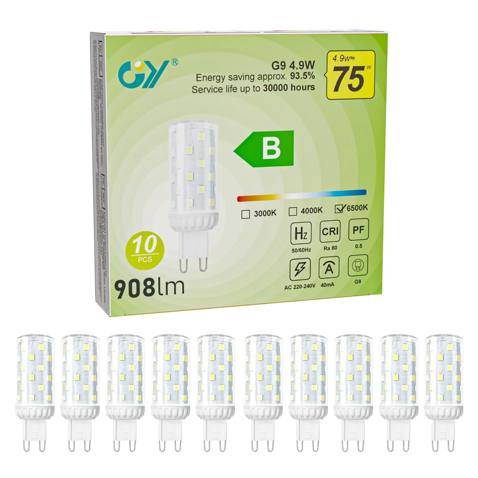 GY G9 LED Light Bulb 4.9W 908 Lumens, 60W Halogen Replacement, 120° Wide Beam, Non-dimmable, Class B