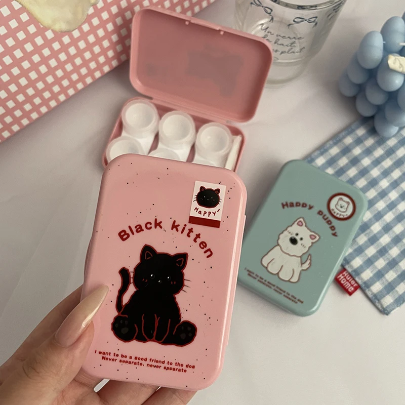 Black Kitten White Dog Contact Lens Box Kit Portable Contact Lens Case With Tweezer Suction Stick Set For Travel Kit Holder Gift