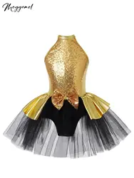 Kids Girls Ballerina Costume Sparkly Sequins Halter Cutout Back Ballet Dance Tutu Dress Leotard Figure Skating Dress Stage Show