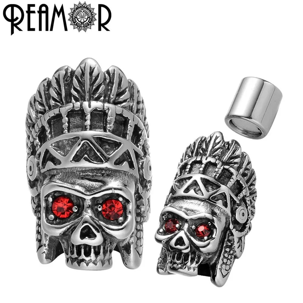 REAMOR 316l Stainless Steel Indian Chief Magnet Buckle Red CZ Eye Skull Magnetic Clasps DIY Leather Bracelets Jewelry Findings