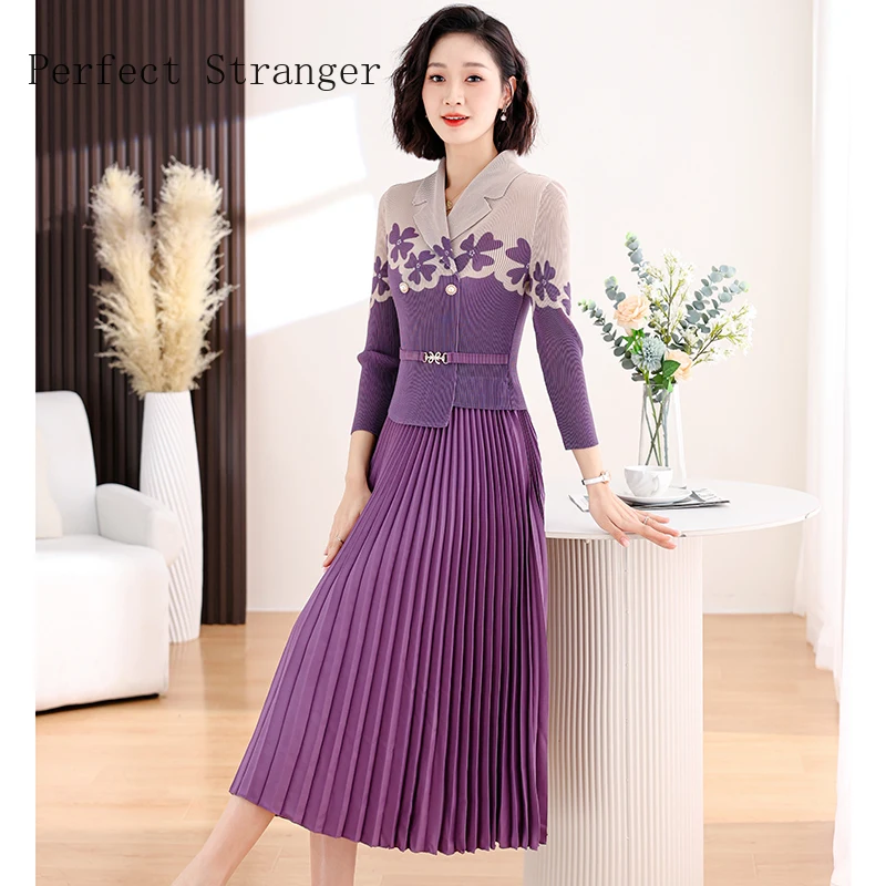 

Sanzhai Pleated Vestidos Spring 2024 New Women Suit Collar Print Elastic Waist Gradient Fake Two Pieces Women Long Dress