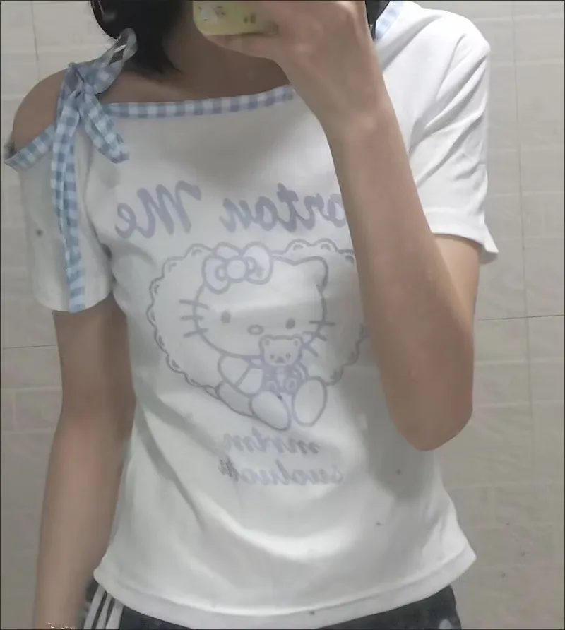 

Sweet Style Hello Kitty Print American Skew Collar Short Sleeved T Shirt Women Summer Sliming Short Backless Tops Kawaii Clothes