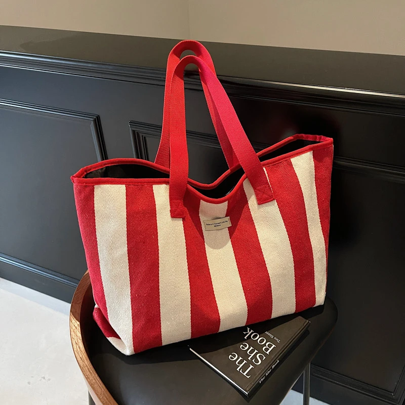 Полосатые холщовые сумки на плечо большой вместимости на молнии, модные супер крутые повседневные женские сумки-тоут высокого качества, новинка весны 2023 г.