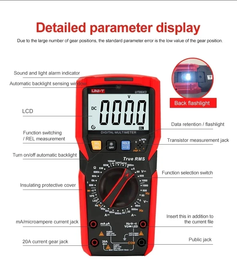 Imagem -04 - Uni-t Ut89x Ut89xd Multímetro Digital Profissional True Rms Ncv 20a Corrente ac dc Voltímetro Resistência Capacitância Tester