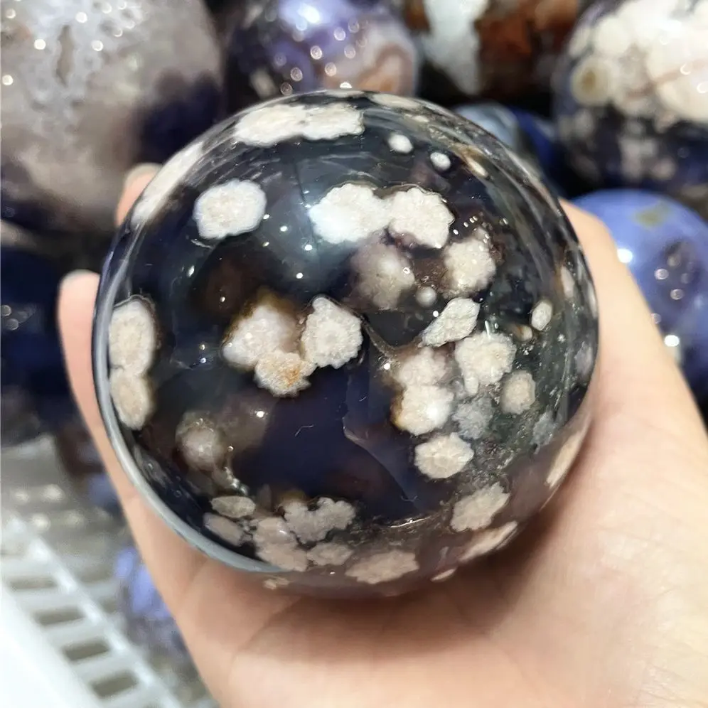 

6-8cm Precious Black Cherry Blossom Agate Mineral Crystal Ball Collection Stone Sphere Aesthetic Home Decor Energy Quartz 2025