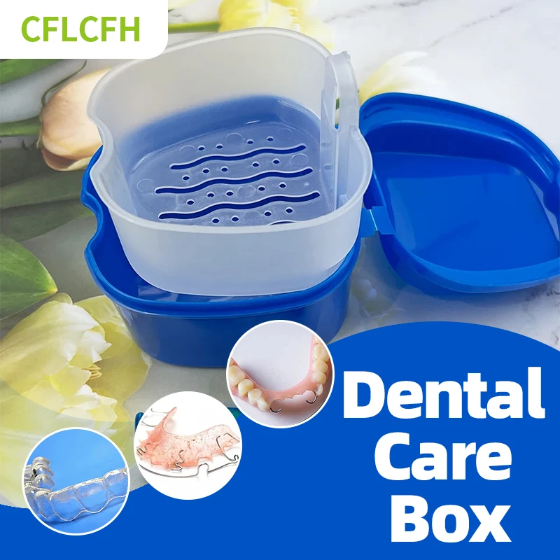 

Denture Bath Box Dental Retainer Cleaning False Teeth Case Orthodontic Storage With Hanging Net Container Artificial Tooth Case