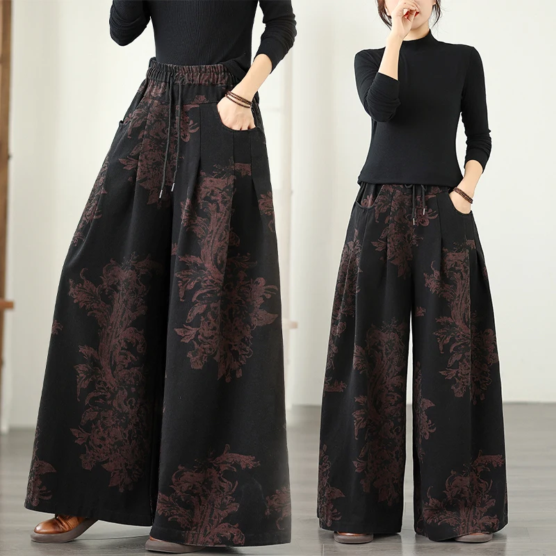 

plus Size Casual Loose Fit Printed Denim Wide Leg Pants High Waist Cotton Polyester Blend Straight Cut Versatile Casual Jeans