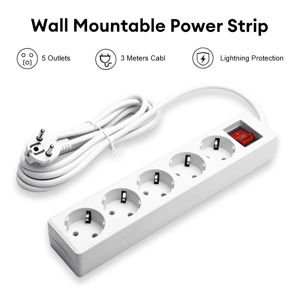 EU Padrão Power Strip com LED Indicador Switch 2 Pin Plug Painel 3 Metros 220V 10A Plug Strip para Eletrodomésticos