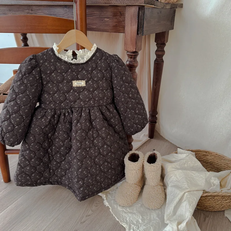 

2025 Winter New Children Long Sleeve Fleece Dress Girls Floral Cotton Padded Dress Plus Velvet Thick Kids Warm Clothes
