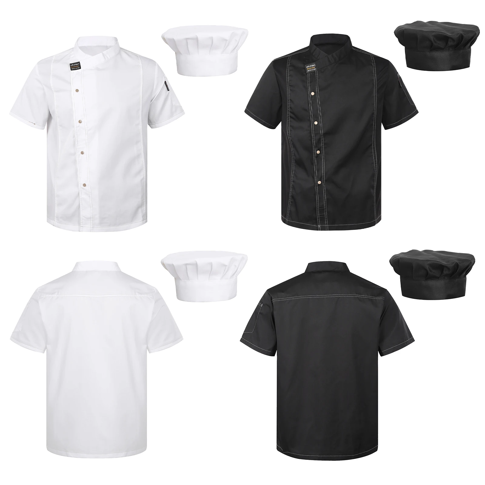 Heren Dames Chef-Shirt Unisex Keukenuniform Met Korte Mouwen Chef-Jas Hotel Kantine Bakeshop Kokjack Met Hoed