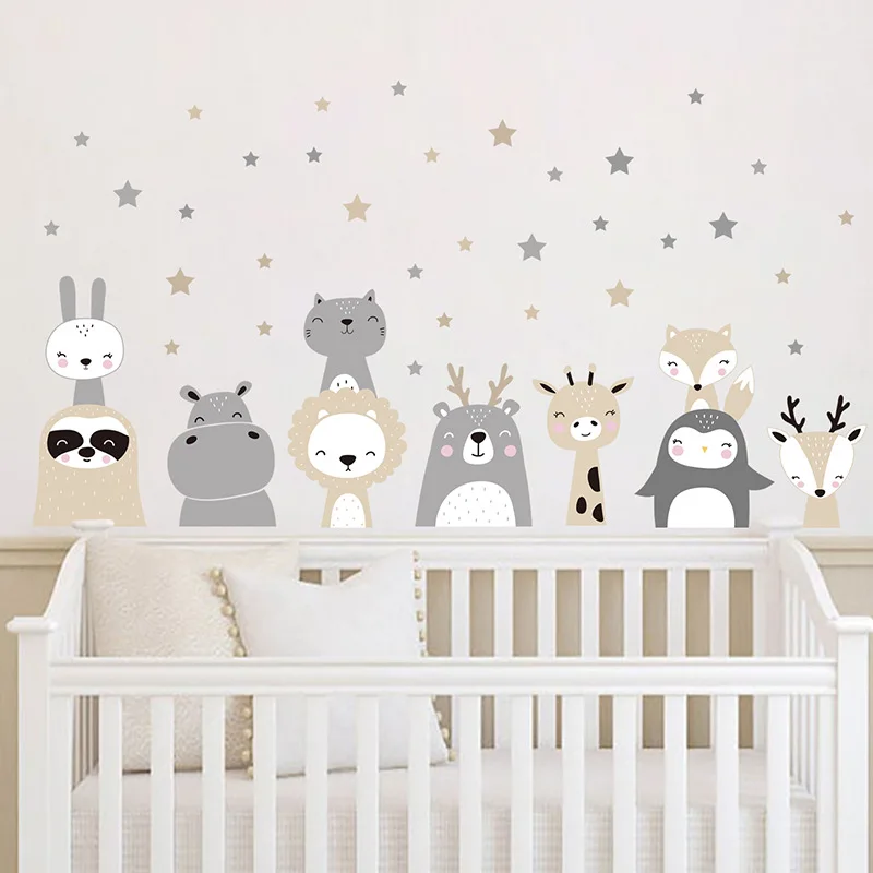 Cartoon Animal Wall Sticker for Kids Room Baby Nursery Room Decoration Children's Bedroom Wall Decals Kindergarten Wallpaper