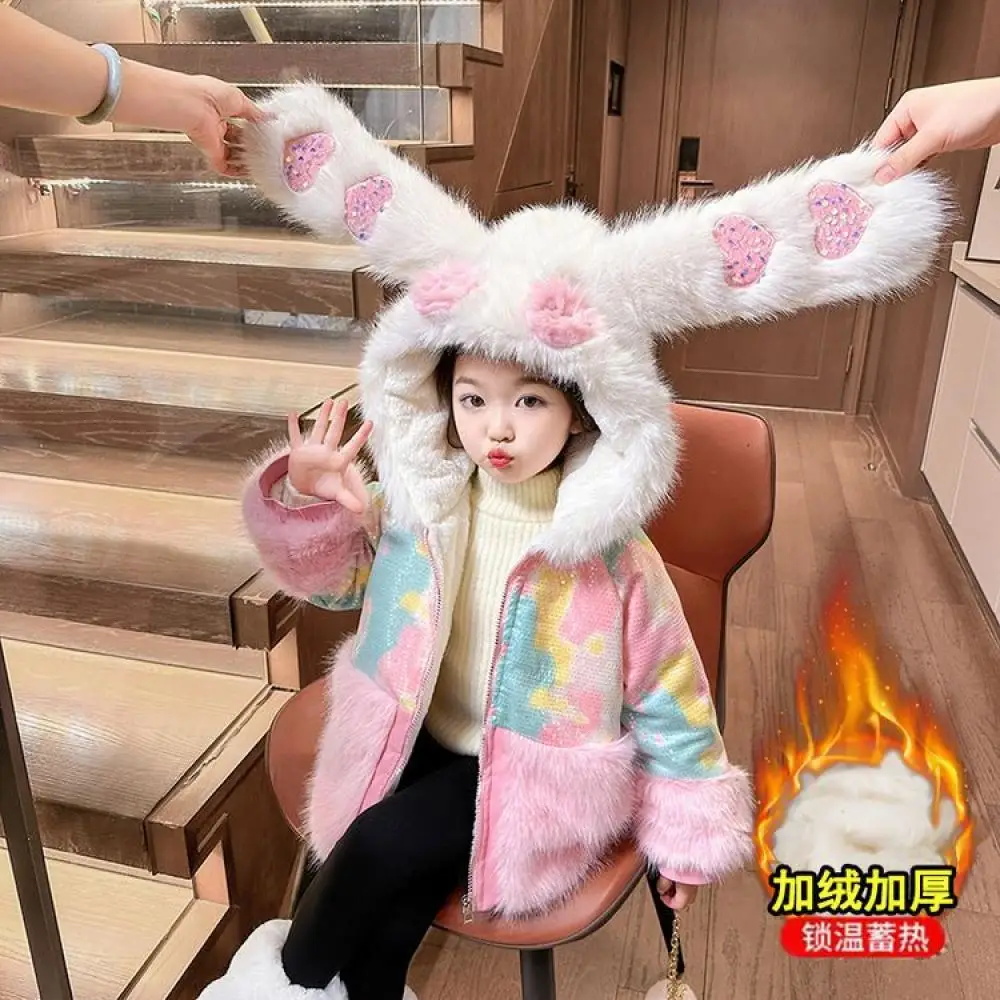 Kawaii Winter New Kids Faux Fur Jackets Anime Sanrio Kuromi Colorful Sequin Jacket Girls Fashion Plush Collar Hooded Warm Jacket