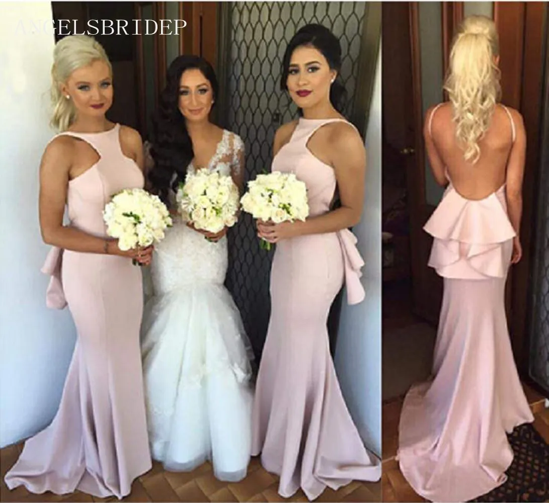 

Angelsbridep Cheap Long Backless Mermaid Woman Bridesmaid Dresses O-Neck Custom Plus Size Maid of Honor Gowns For Wedding Party