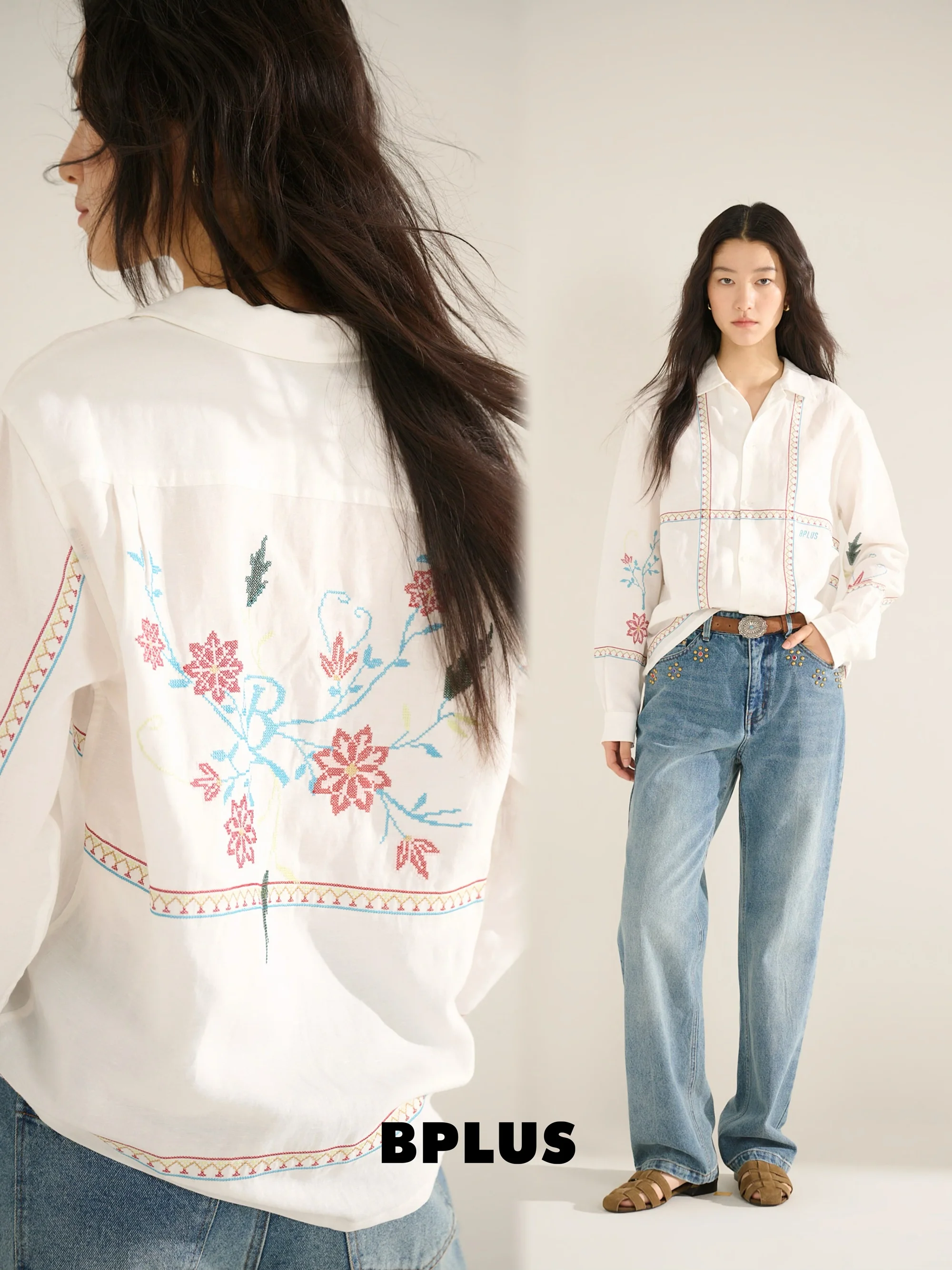 

BPLUS26S Heavyweight Linen Indian Flower Embroidery Loose White Shirt Women's Casual Style Breathable Long Sleeve Button up