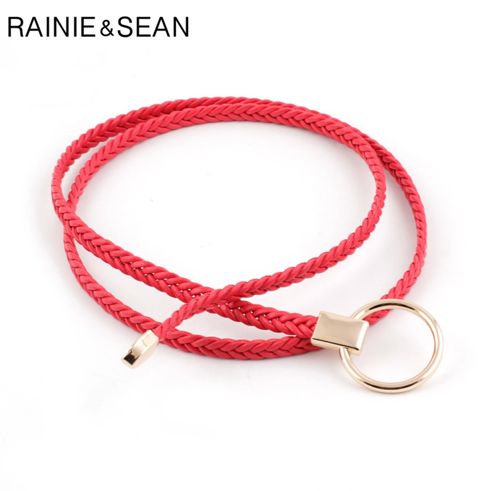 RAINIE SEAN Thin Belt Women Weave Pu Leather Fashion Ladies Strap for Dresses Solid Light Ble Pink Red Camel Self Tie Women Belt