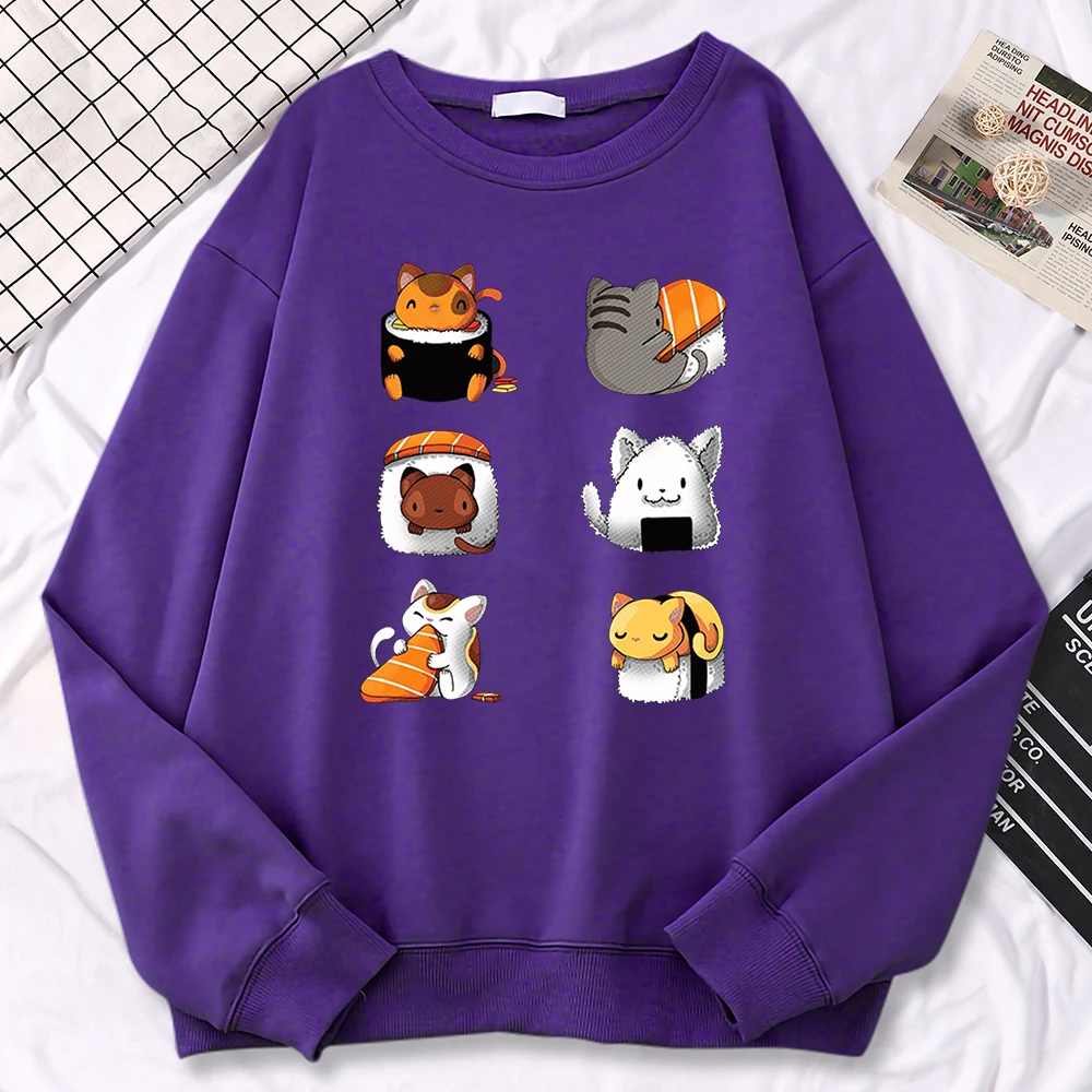 Casual Street Women Sweatshirt Various Types Of Cat Sushi Printing Hoodies Fleece All-Math Pullover Warm Loose Female Clothes