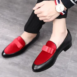 hot9 Luxury Bowknot Dress Shoes Male Flats Loafers Black Patent Leather Red Suede Loafers Men Formal Wedding Shoes Men Formal