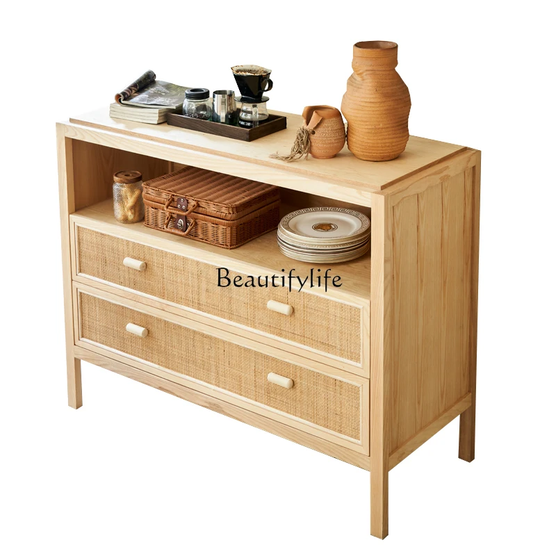 

Nordic Rattan Storage Cabinet Bedroom Simple Modern Solid Wood Storage Wall Drawer Cabinet