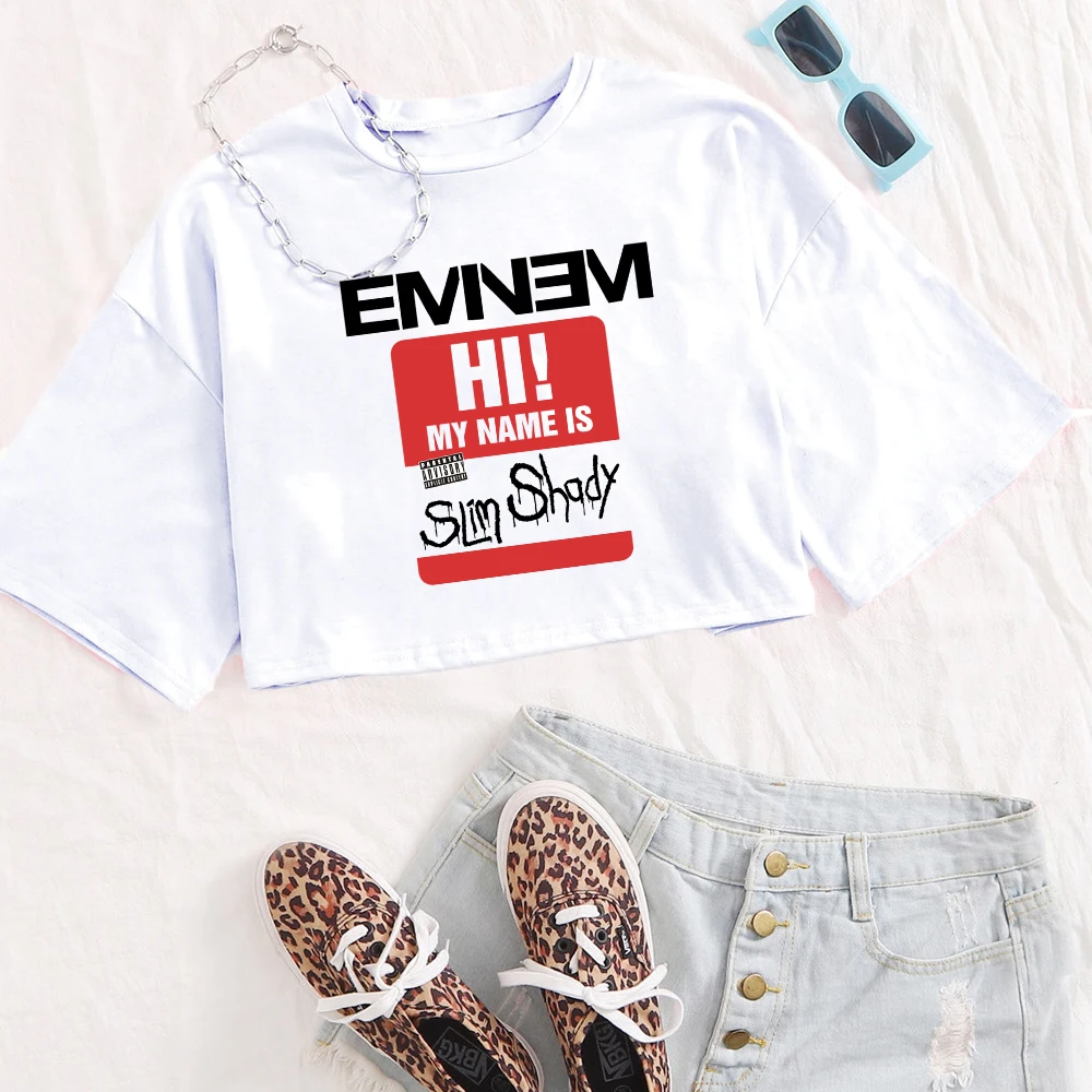 Eminem Hi My Name is Slim Shady Girls O-Neck Casual Women Crop Shirts