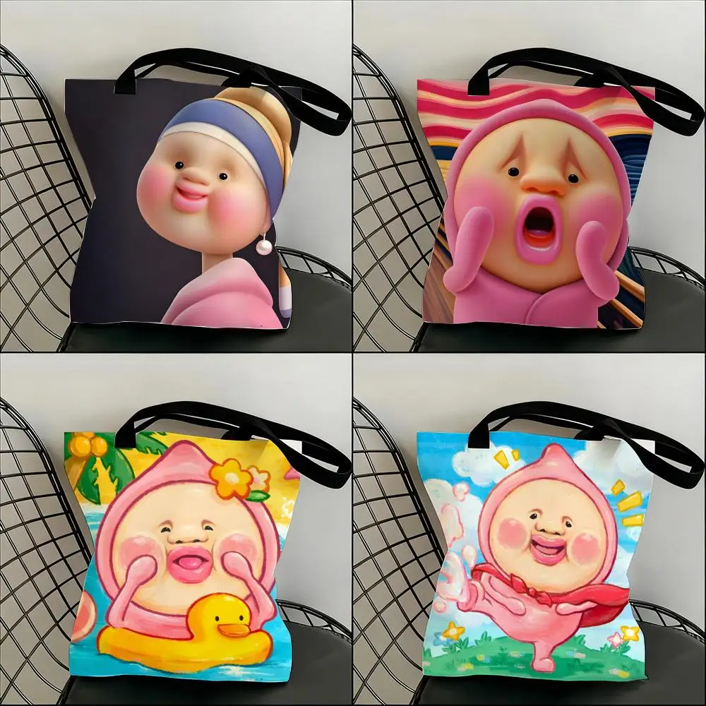 

Cute and funny peach Storage Bags Lightweight Canvas Shoulder Shopper Fashionable Eco Multi Use Tote with Large Capacity