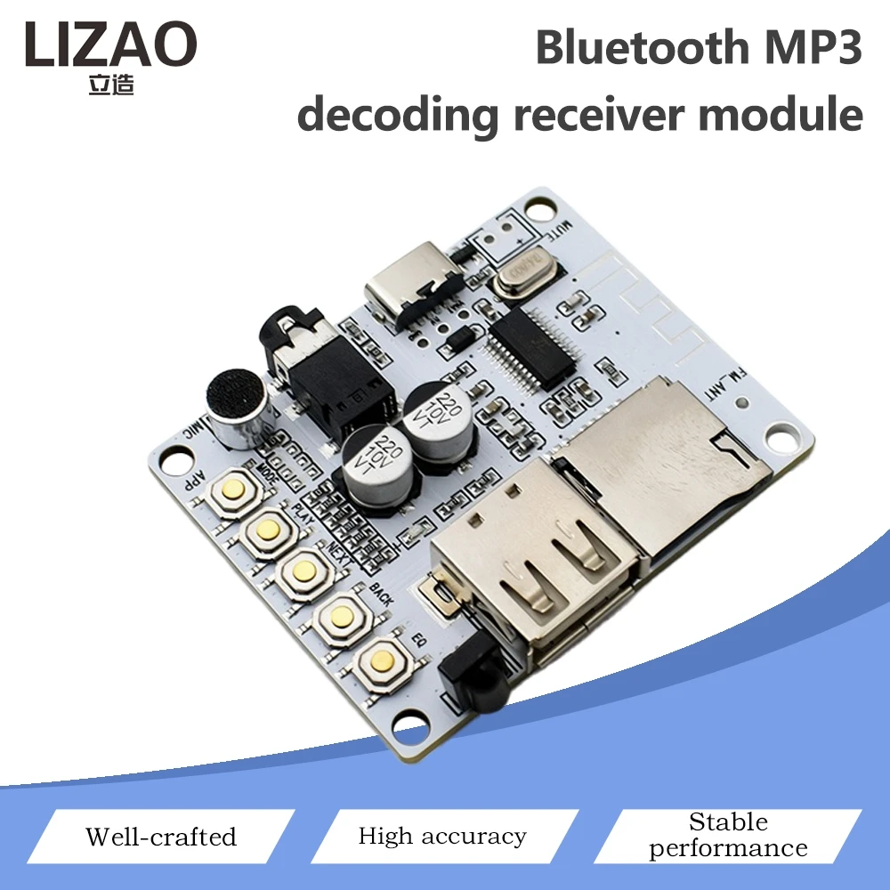 Bluetooth MP3 Decoding Receiver Module, Type‑C Bluetooth Audio Board Support TF Card U‑Disk Playback For Speaker DIY