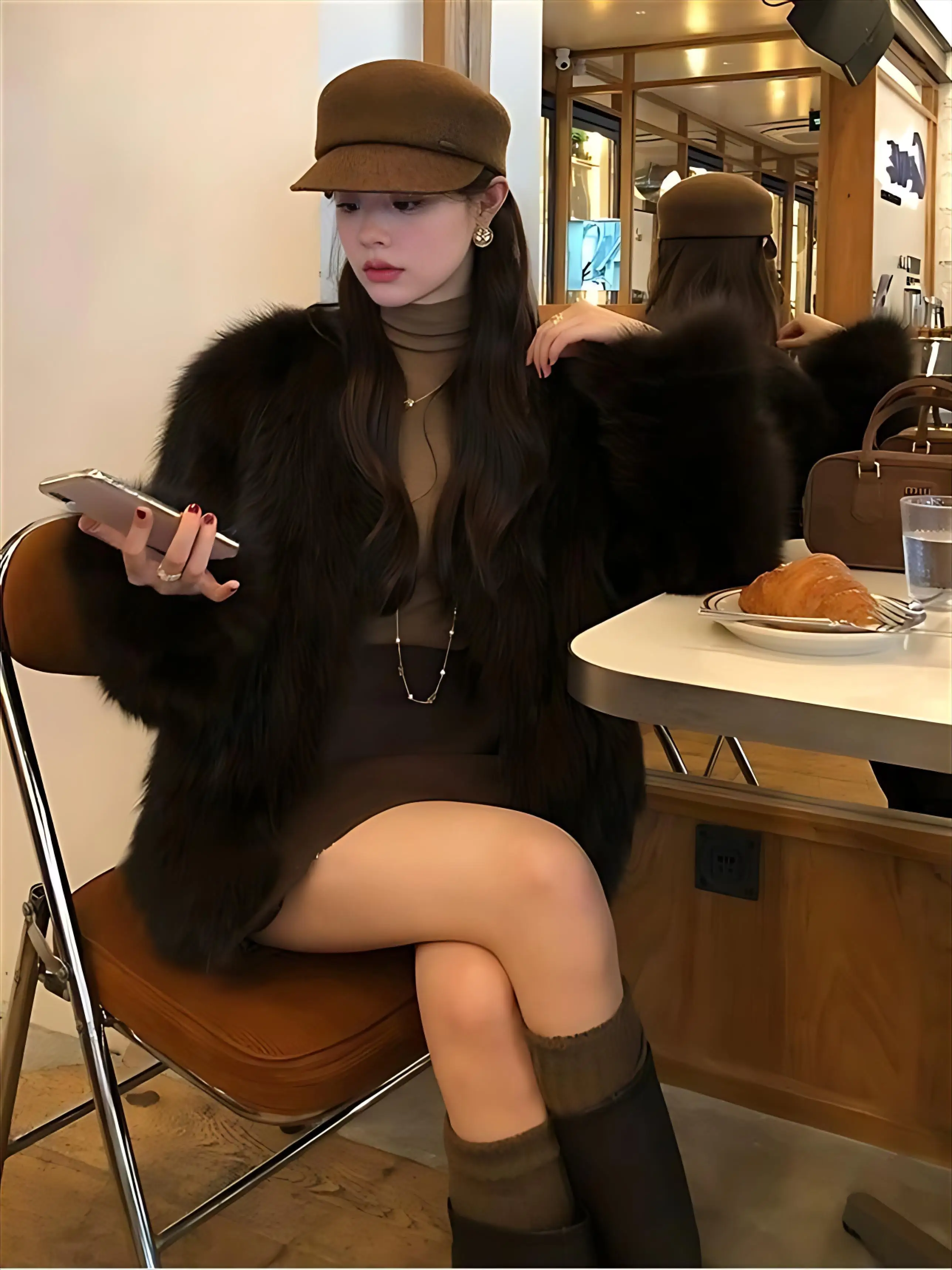 เสื้อโค้ทขนเฟอร์เทียมสีเทาสำหรับผู้หญิง แบบถัก งานพิธี คอตั้ง ผ้าคลุมไหล่ ลายรุ้ง แขนเสื้อแบบแร็กแลน ถักแบบพื้นฐาน สีดำ ปรับได้