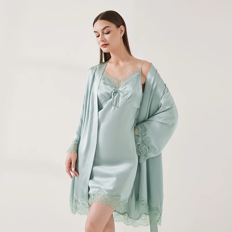 19MM Real Silk Slip Dress and Bathrobe Two Piece Set Lace Sexy 100% Mulberry Silk Kimono Morning Gown with Camisole Nightdress