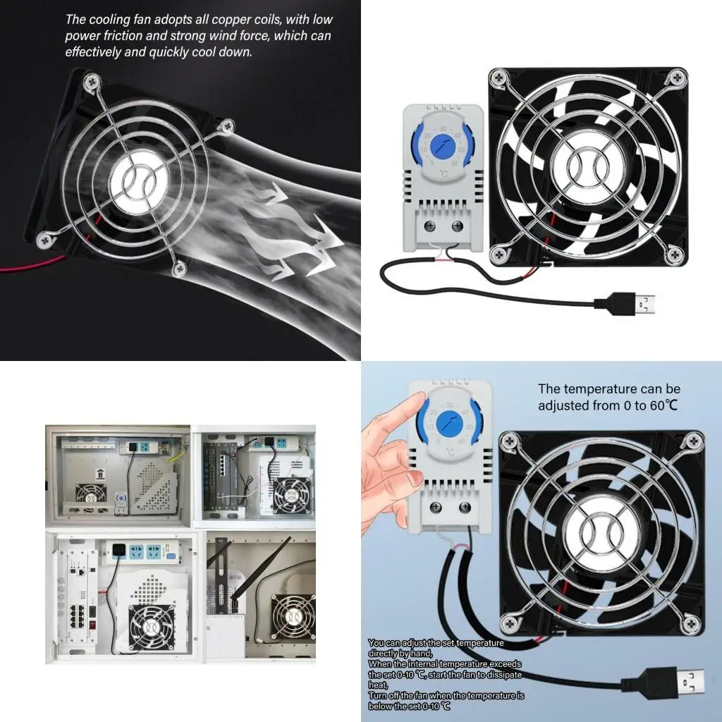 

896F USB 80mm Cabinet Fan with 0-60℃ Temperature Control Quiet Cooling Fan for Home Theater Cabinet Server Cabinets